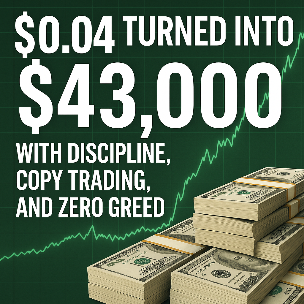 $0.04 turned into $43,000 with discipline, copy trading, and zero greed, over a rising green equity chart and stacks of money.