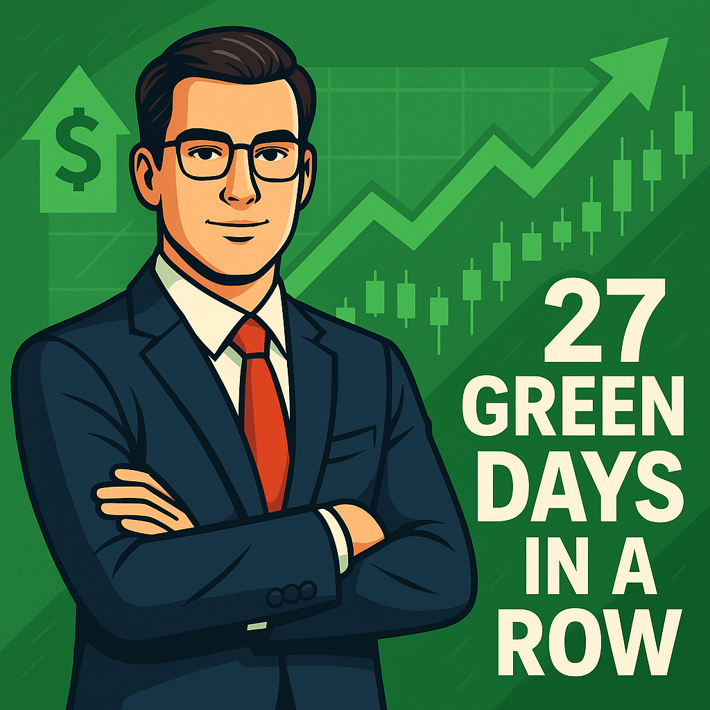 Cartoon-style illustration of a confident trader standing in front of green candlestick charts with text reading “27 Green Days in a Row.”