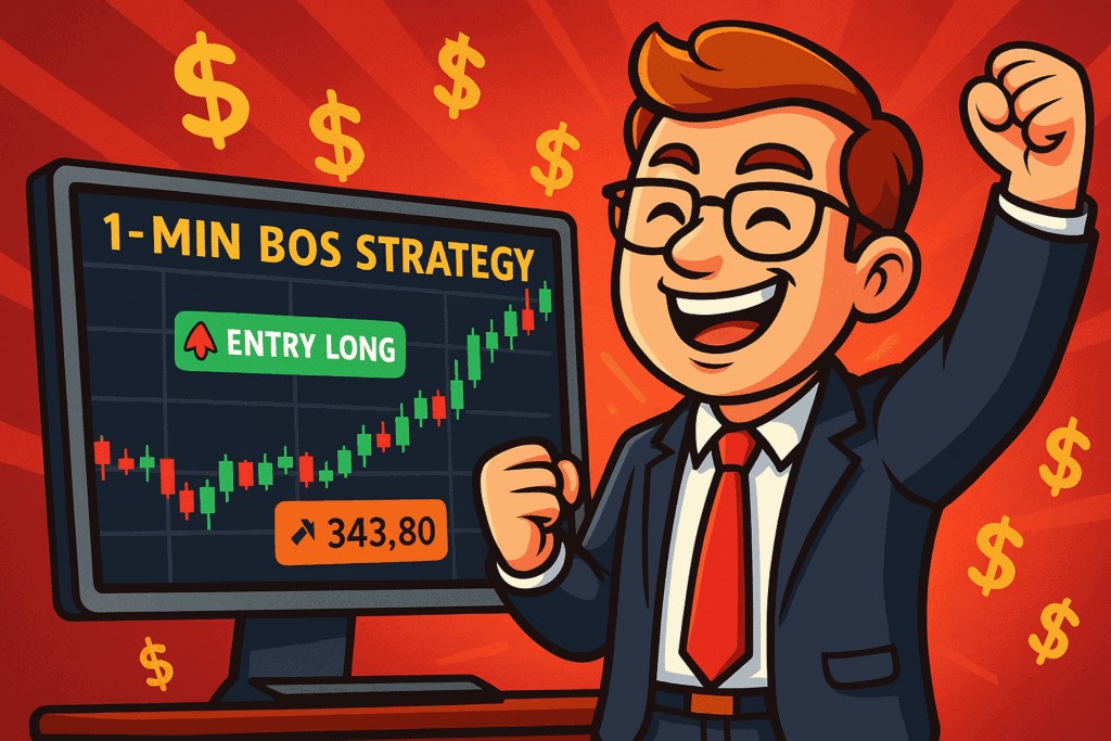 Cartoon-style trader celebrating $1,719 profit using the 1-minute BoS strategy with breakout chart and BoS indicator.