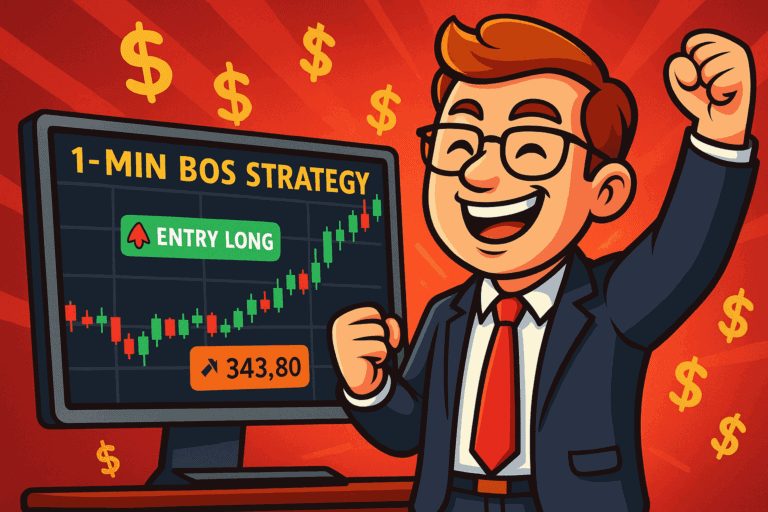 Cartoon-style trader celebrating $1,719 profit using the 1-minute BoS strategy with breakout chart and BoS indicator.