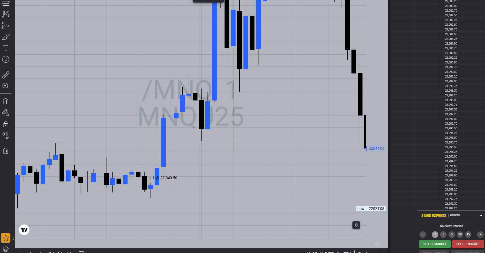 Topstep execution showing long entry at 22,043.50