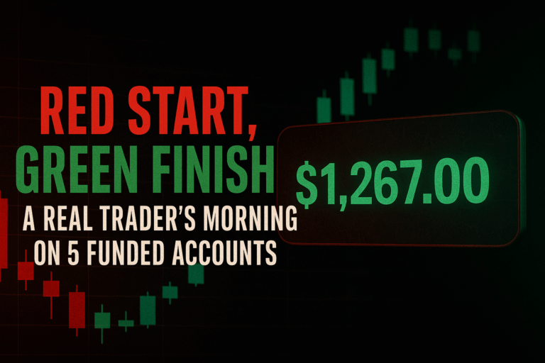 Featured image displaying “Red Start, Green Finish” with $1,267 profit and candlestick chart background, highlighting a trader’s morning on 5 funded accounts.