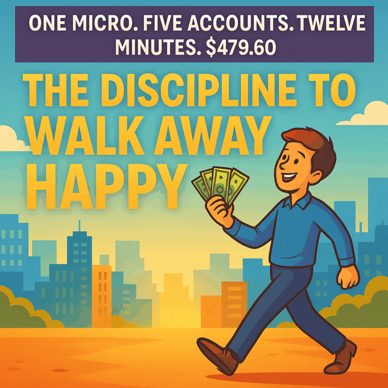 Smiling trader holding cash with the words “The Discipline to Walk Away Happy” and TopStep results shown above