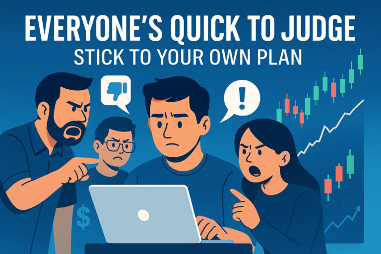 Trader at laptop ignoring critics with rising candlestick chart in the background and message to stick to your plan