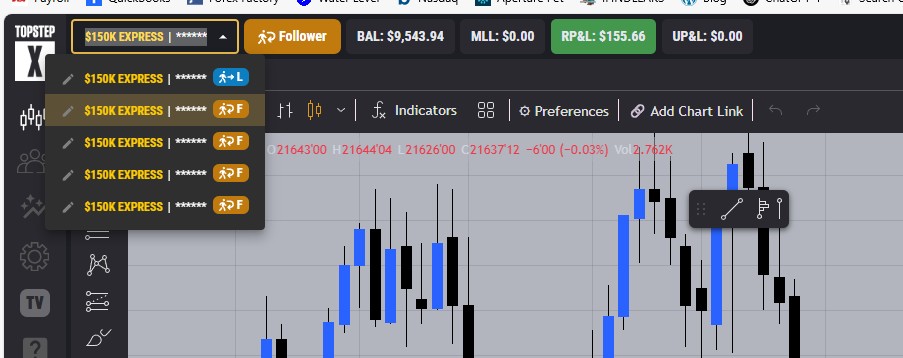Follower account #1 showing a $155.66 win and $9,543.94 balance.