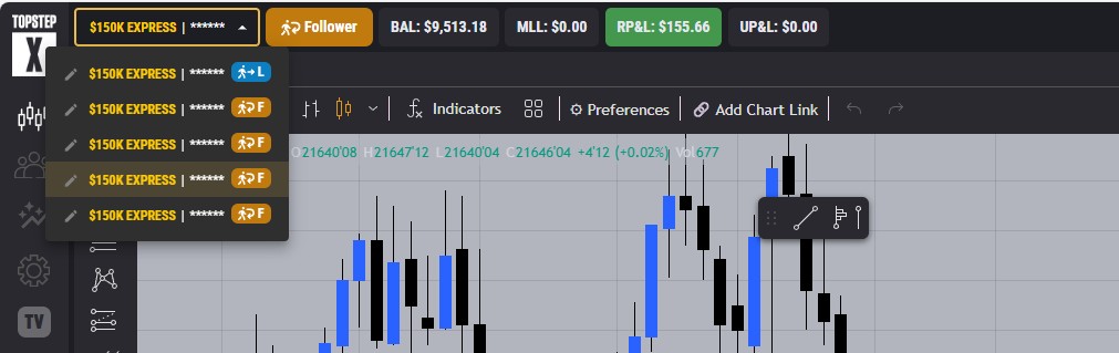 Follower Account #3 showing $155.66 win and $9,513.18 balance.