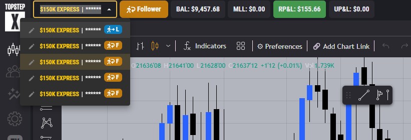 Follower Account #2 showing $155.66 win and $9,457.68 balance.