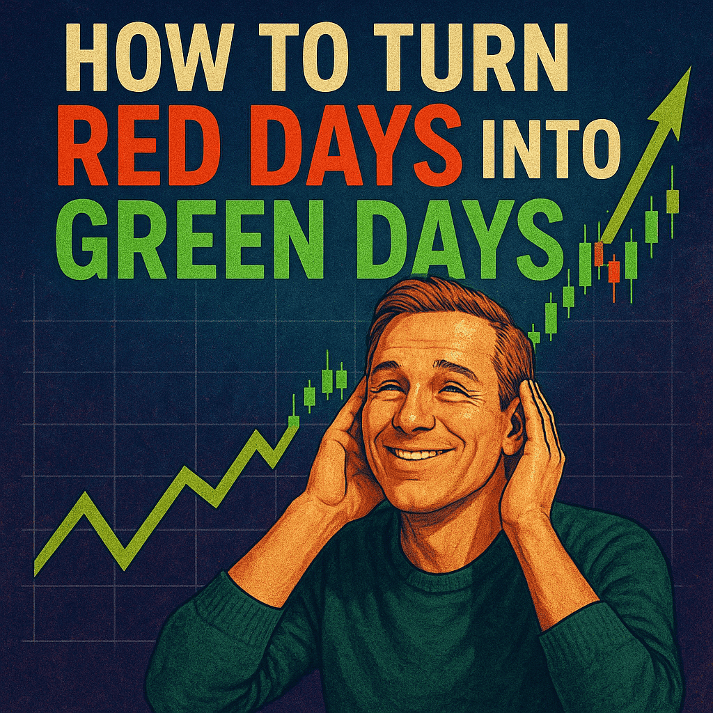 Relieved male trader smiling in front of green candlestick chart with the phrase “How to Turn Red Days Into Green Days” above