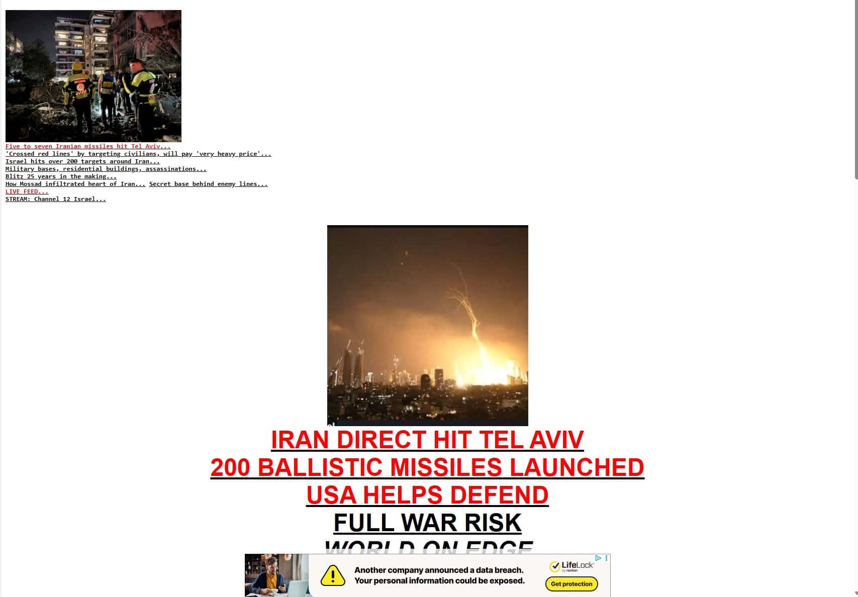 Screenshot of breaking news headline showing Iran launched 200 ballistic missiles in a direct hit on Tel Aviv