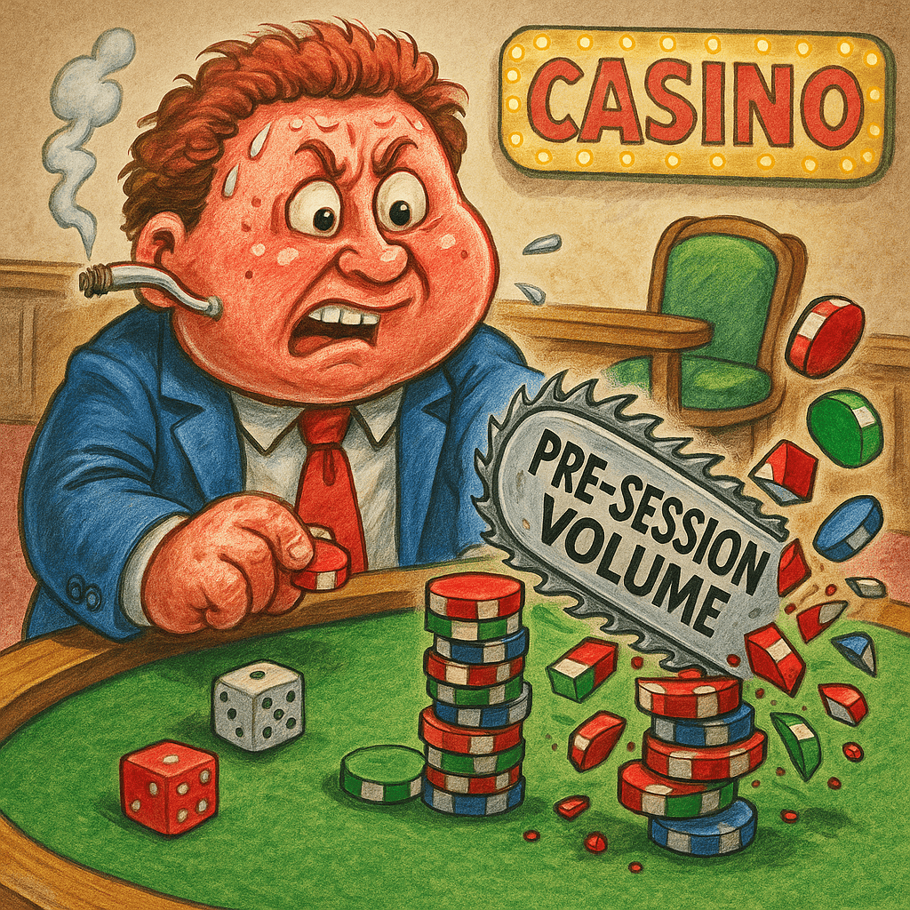 Cartoon of a stressed trader alone at a casino poker table as a cleaver labeled 'Pre-Session Volume' chops through his poker chips. A screen shows low volume.