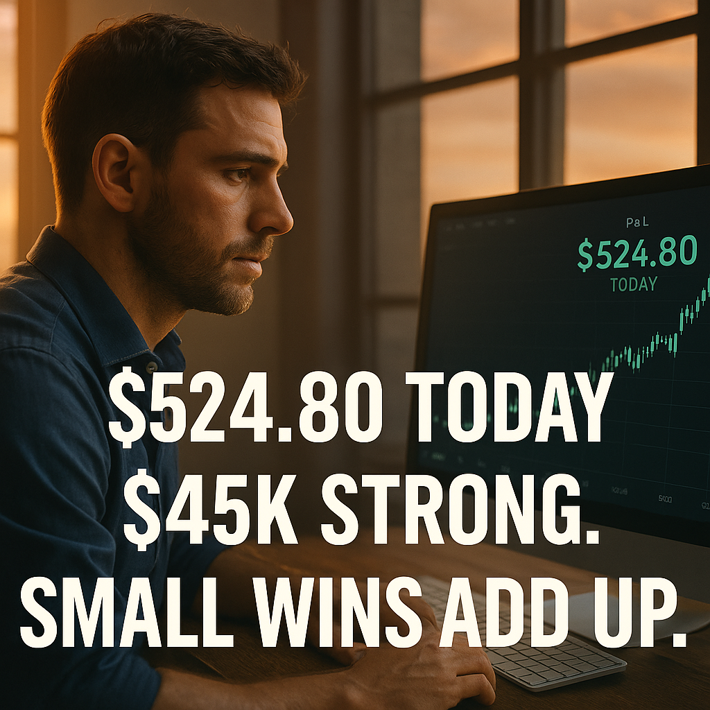 Focused trader at his desk with a financial chart on screen, warm sunlight behind him, and bold overlay text showing "$524.80 Today," "$45K Strong," and "Small Wins Add Up."