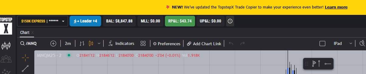 Leader account showing $43.74 realized profit.