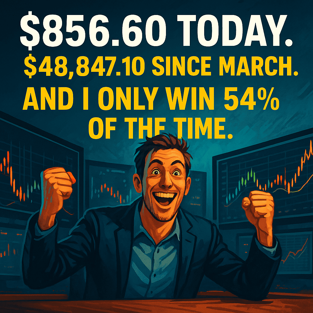 Excited trader celebrating in front of monitors with text showing $856.60 today, $48,847.10 since March, and a 54% win rate.