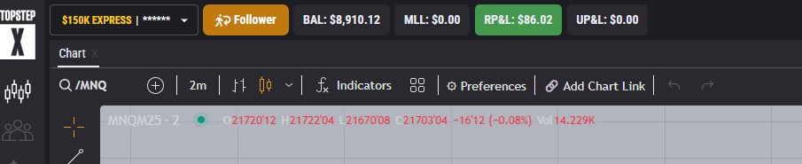 Topstep Follower account showing $86.02 realized profit and $8,910.12 balance from copy-trading the Leader account.