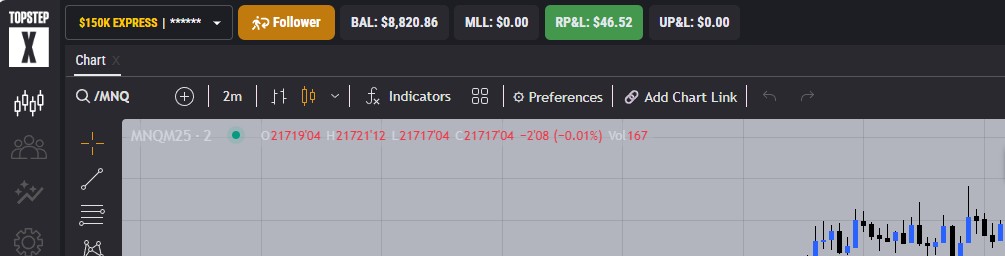 Topstep Follower account showing $46.52 realized profit and $8,820.86 balance, part of a five-account copy trading setup.