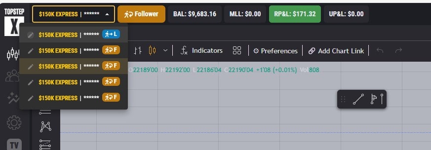 Topstep second follower account showing $171.32 profit and a $9,683.16 balance.
