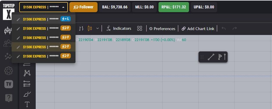 Topstep third follower account showing $171.32 in profit with a $9,738.66 balance.