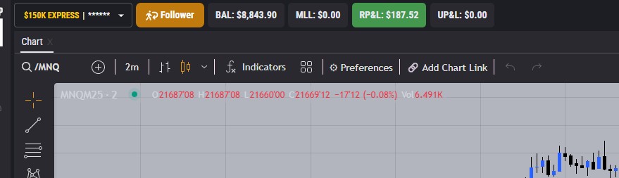 Topstep Follower account showing $187.52 realized profit and $8,843.90 balance—final account in a five-account copy trading system.