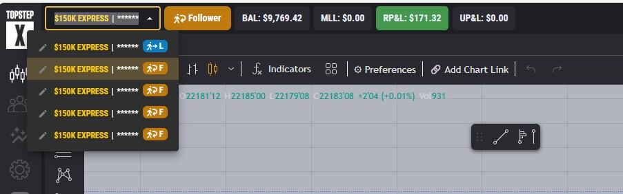 Topstep follower account showing $171.32 profit and $9,769.42 balance in June 2025.