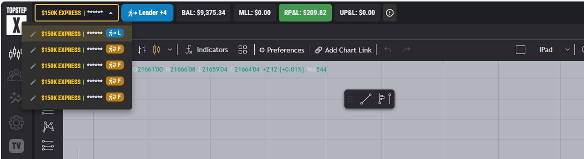 Screenshot of Topstep Leader account showing $209.82 realized profit and $9,375.34 balance on June 13, 2025