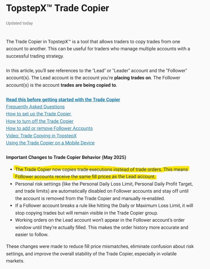 TopStep’s June 2025 update: trade copier now mirrors executions instead of orders.