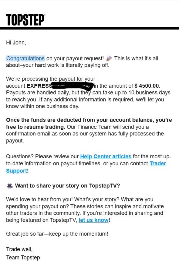 Screenshot of $4,500 TopStep payout request from a third funded account as part of a disciplined red day response
