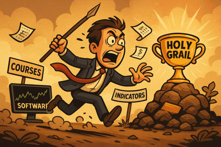Cartoon illustration of a trader chasing after a glowing Holy Grail surrounded by trading software, course flyers, and technical indicators.