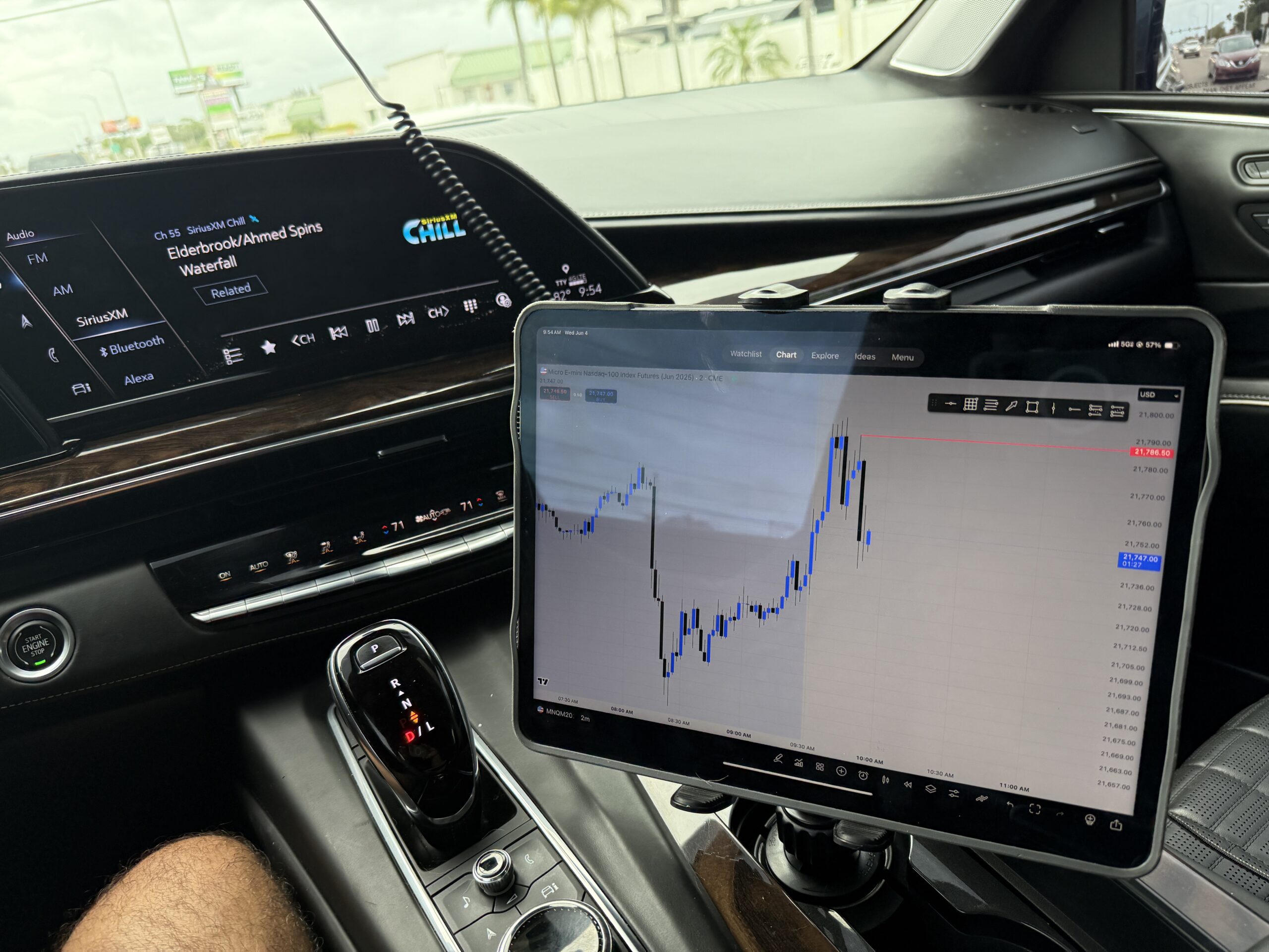 iPad mounted in a car cup holder showing active trade with visible stop-loss in red.