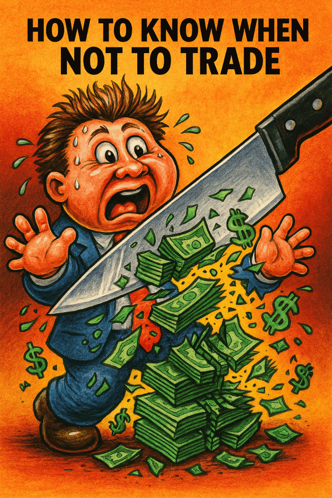 Cartoon of a panicked trader having his money chopped by a giant knife during a whipsaw trading session