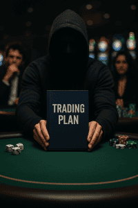 A hooded trader at a poker table in a casino pushes forward a hardcover book titled "TRADING PLAN" instead of betting chips, symbolizing the rejection of gambling in favor of disciplined trading.