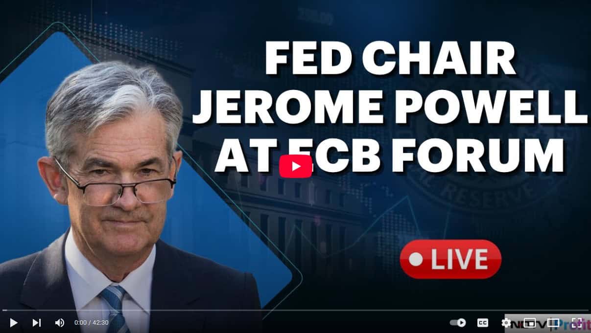 Screenshot of Bloomberg TV showing Fed Chair Jerome Powell speaking live on July 1, 2025 during market open