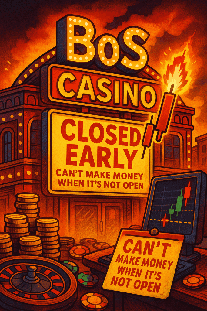 BoS Casino illustration with "Closed Early" sign and candlestick chart — symbolizing missed trading opportunity