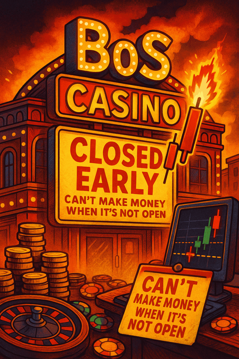 BoS Casino illustration with "Closed Early" sign and candlestick chart — symbolizing missed trading opportunity