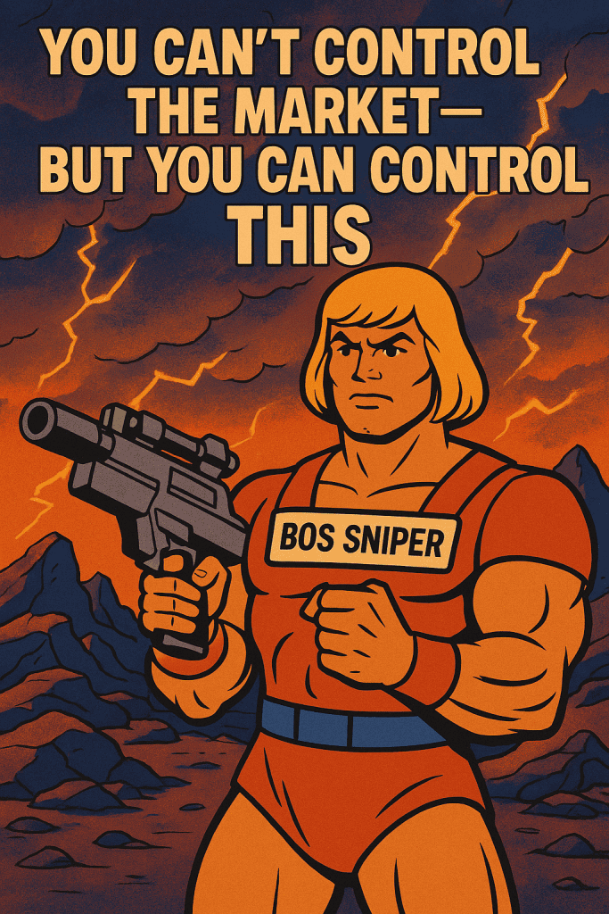 80s cartoon-style hero holding a sword, wearing a chestplate labeled “BoS Sniper,” with the caption “You Can’t Control the Market — But You Can Control This.”