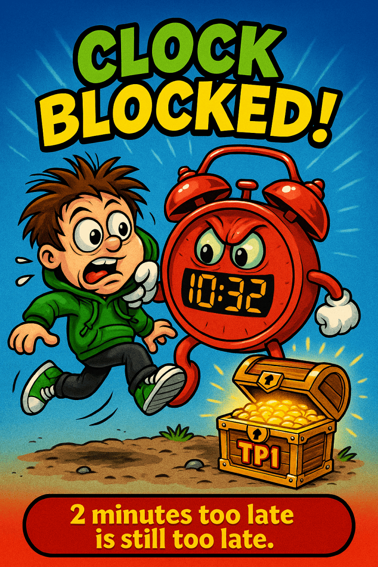 Cartoon-style illustration of a trader being grabbed by a red 10:32 AM clock as he jumps toward a TP1 treasure chest — symbolizing missed opportunity due to trading outside the rules.