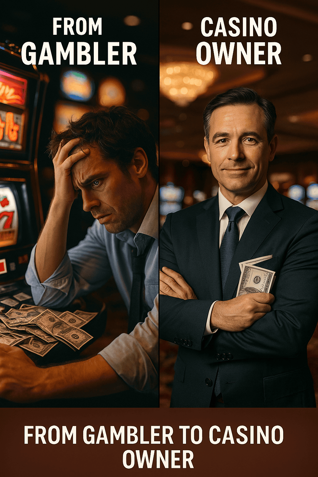 Split-screen image showing a gambler at a NASDAQ Roulette table on the left and a confident casino owner overlooking the trading floor on the right, symbolizing the transformation from emotional trading to disciplined execution.