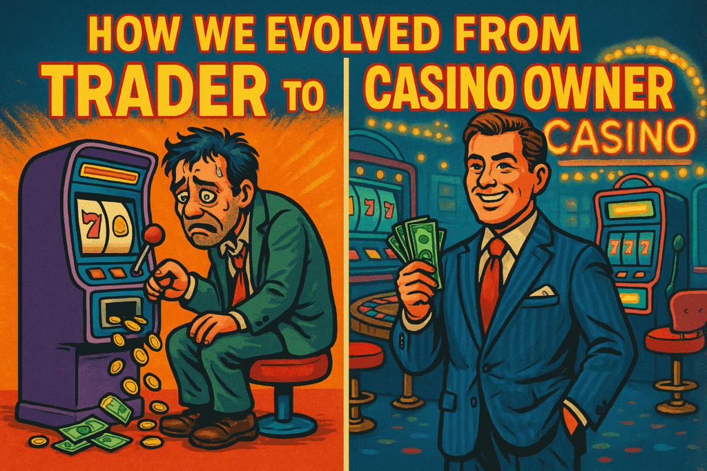 Cartoon split-screen showing stressed trader at a slot machine on the left and confident casino owner holding cash on the right, illustrating trading mindset evolution