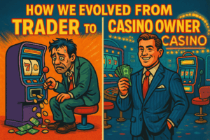 Cartoon split-screen showing stressed trader at a slot machine on the left and confident casino owner holding cash on the right, illustrating trading mindset evolution