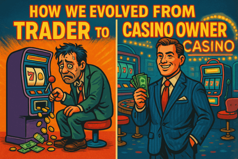 Cartoon split-screen showing stressed trader at a slot machine on the left and confident casino owner holding cash on the right, illustrating trading mindset evolution
