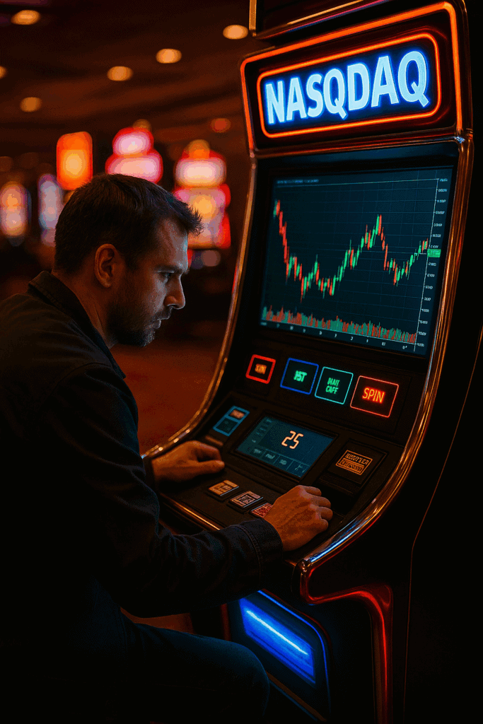 A man playing a NASQDAQ slot machine designed like a trading chart, symbolizing gambling disguised as trading.