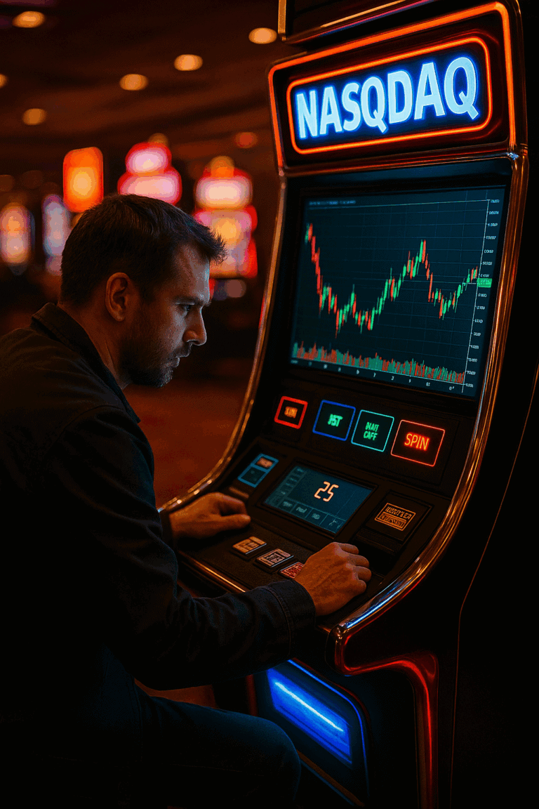 A man playing a NASQDAQ slot machine designed like a trading chart, symbolizing gambling disguised as trading.