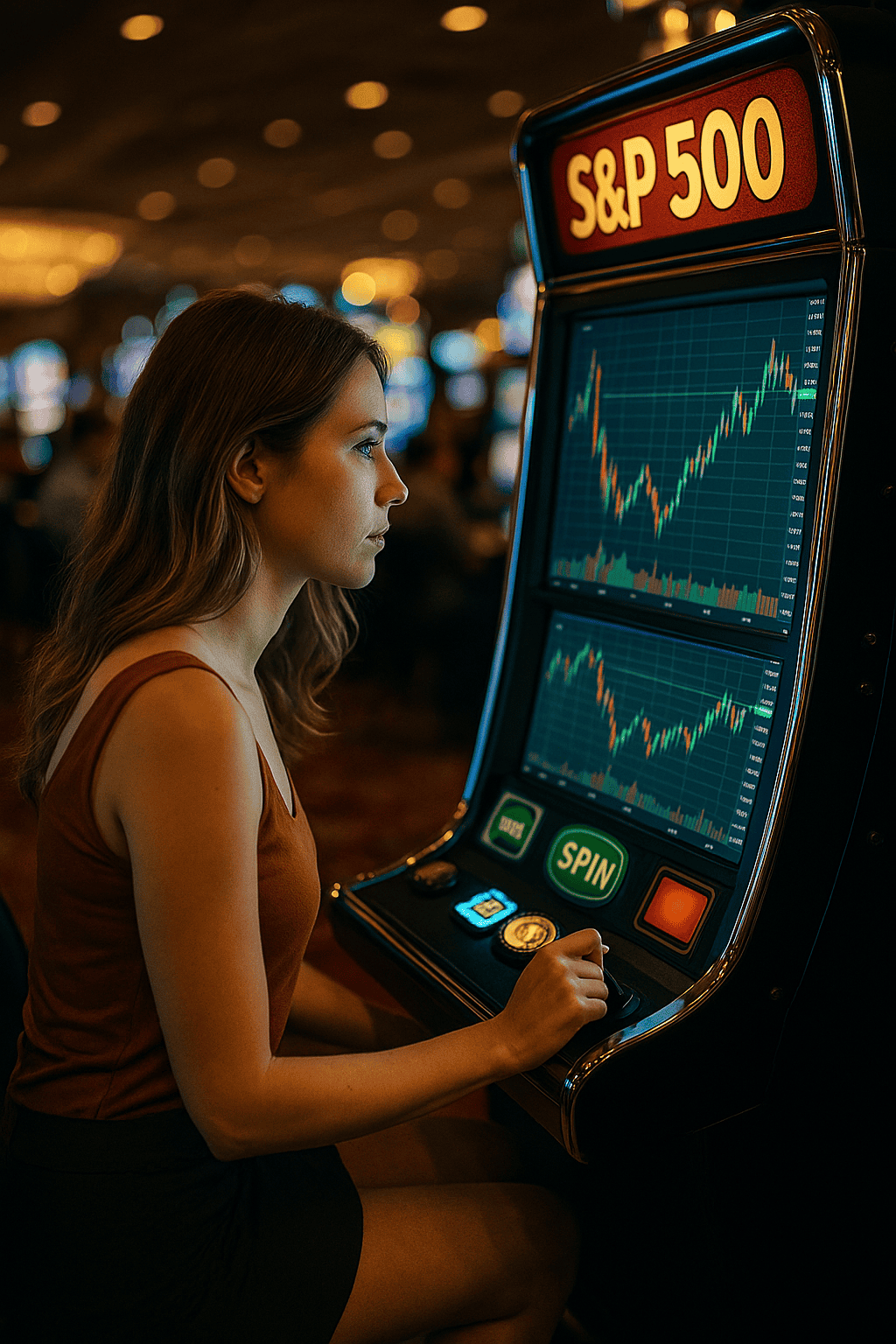 A woman playing an S&P 500-themed slot machine with a candlestick chart on the screen, symbolizing how emotional or undisciplined trading mirrors gambling.