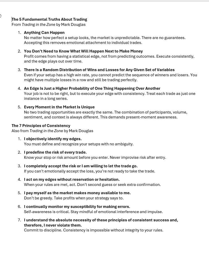 Screenshot of Mark Douglas’ Five Fundamental Truths and Seven Principles of Consistency from Trading in the Zone — key mindset tools for traders.