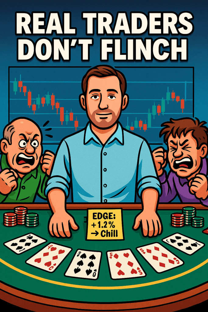 Cartoon illustration of a calm trader behind a blackjack table while angry players react emotionally. Text above reads “REAL TRADERS DON’T FLINCH.”