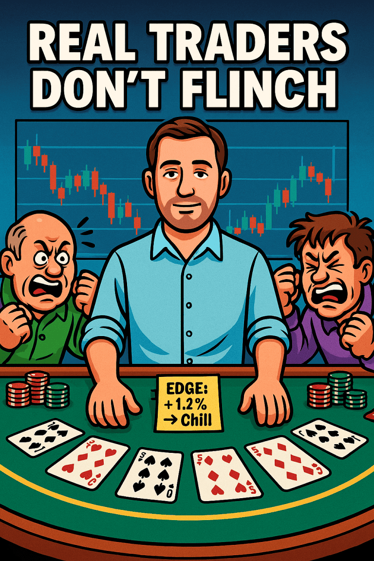 Cartoon illustration of a calm trader behind a blackjack table while angry players react emotionally. Text above reads “REAL TRADERS DON’T FLINCH.”