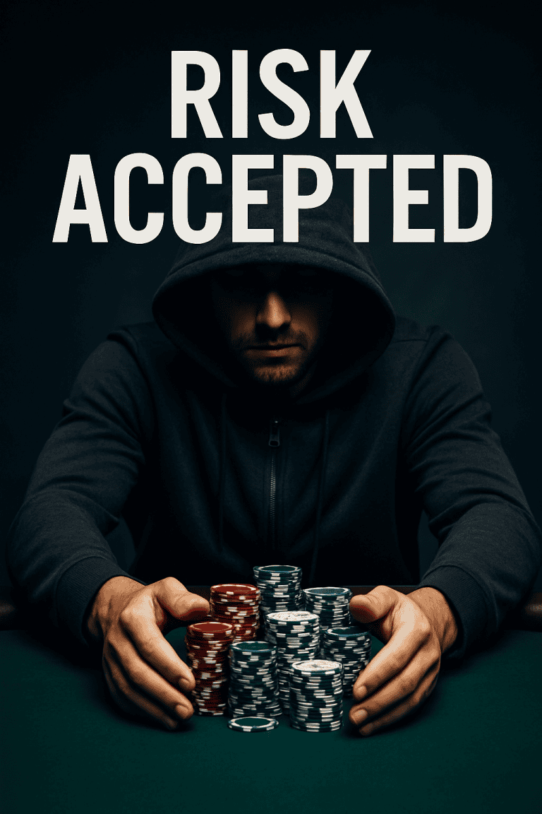Poker player in a hoodie pushes a stack of chips across a green felt table with the words "RISK ACCEPTED" above, symbolizing full emotional commitment to the trade.