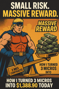 Superhero trader using a lever marked “3 MES Contracts” to lift $1,388.90 in profits