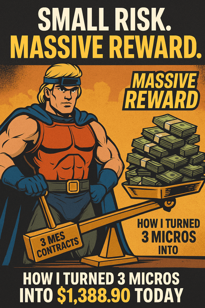 Superhero trader using a lever marked “3 MES Contracts” to lift $1,388.90 in profits