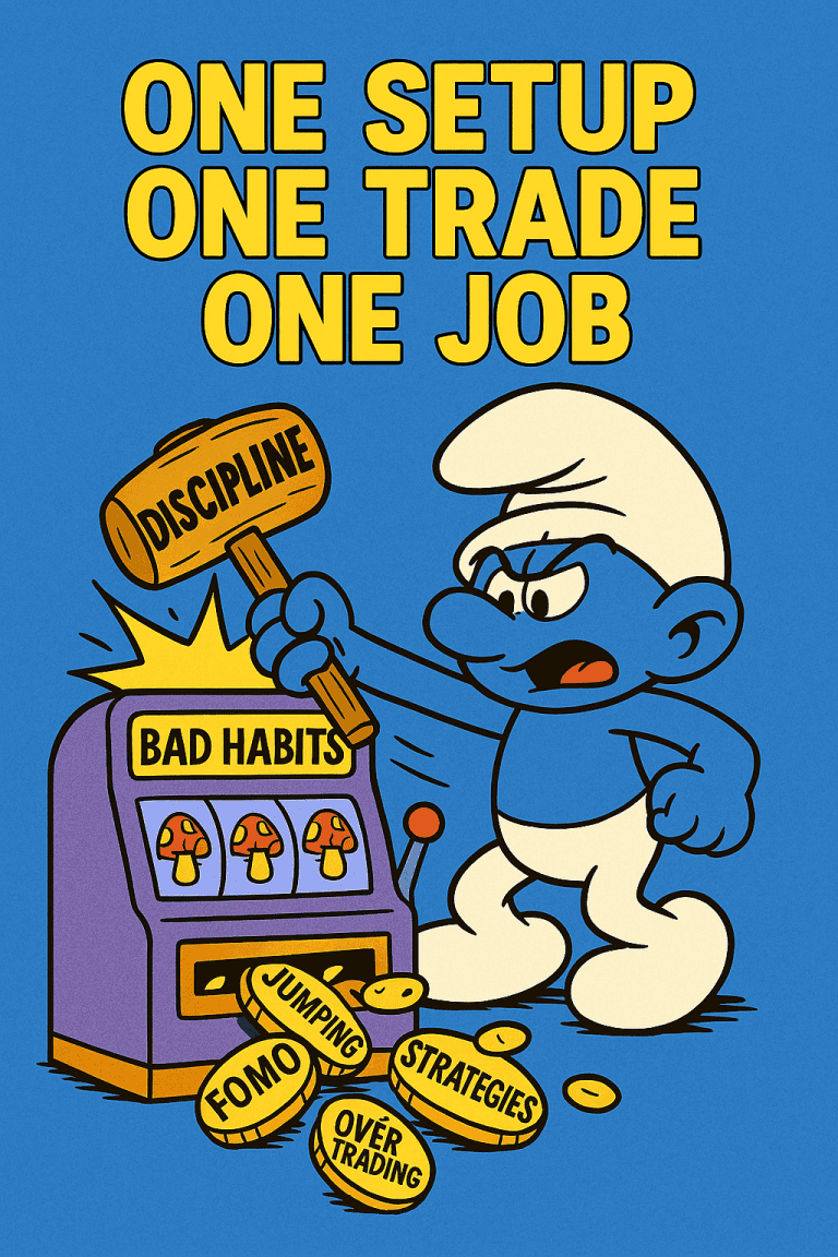 Smurf-style trader smashes a BAD HABITS slot machine with a hammer labeled DISCIPLINE. Coins fly out labeled FOMO, OVERTRADING, and JUMPING STRATEGIES under the bold mantra “ONE SETUP. ONE TRADE. ONE JOB.”