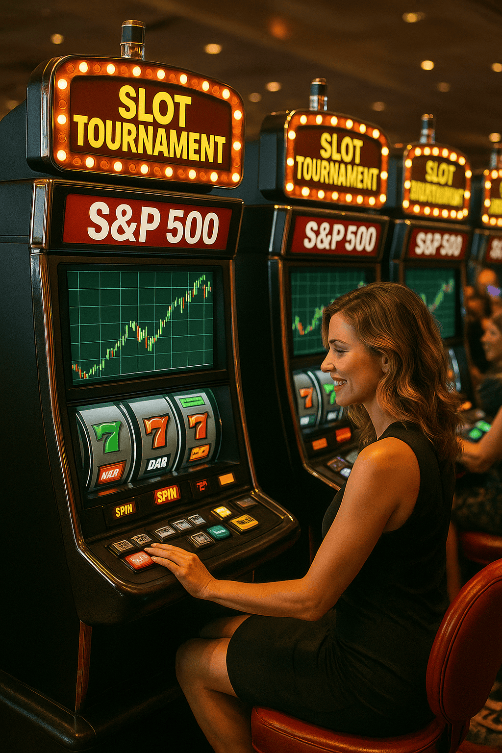 A woman participates in an S&P 500 slot tournament surrounded by trading-themed slot machines, symbolizing herd behavior in trading.
